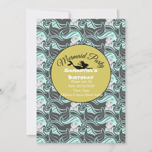 Gold Mermaid Party Blauer Einladung (Vorderseite)