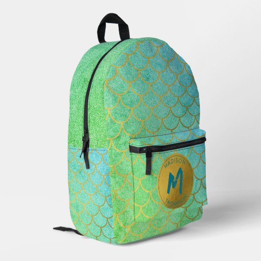 Gold Mermaid Scales Aquamarines Glitzer Muster Mon Bedruckter Rucksack (Rückseitige Ecke links)