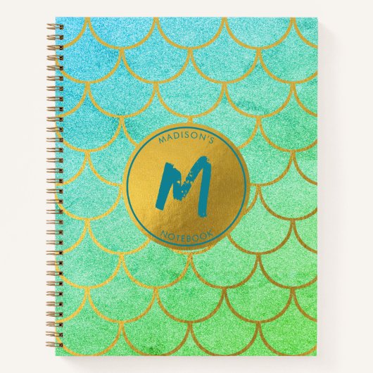 Gold Mermaid Scales Aquamarines Glitzer Muster Mon Notizblock (Vorderseite)