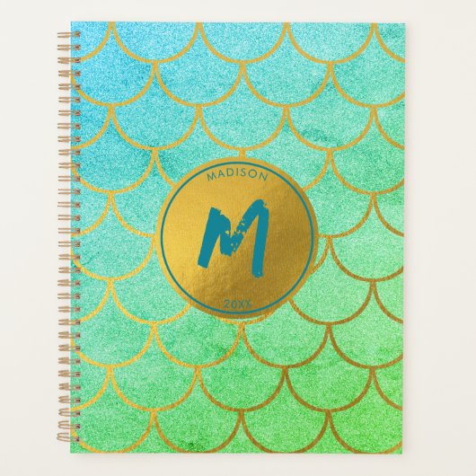 Gold Mermaid Scales Aquamarines Glitzer Muster Mon Planer (Vorderseite)