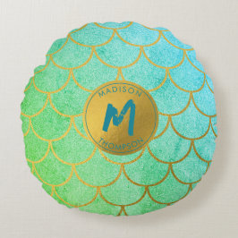 Gold Mermaid Scales Aquamarines Glitzer Muster Mon Rundes Kissen