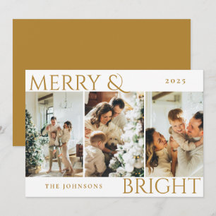 Gold Merry and Bright 3 Foto Collage Holiday Card Feiertagskarte