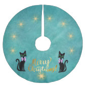 Gold Merry Christmas black Cats Pink Bows Stars Polyester Weihnachtsbaumdecke (Vorderseite)