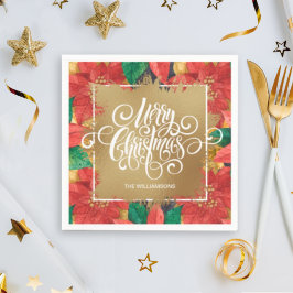 Gold Merry Christmas Poinsettia Serviette