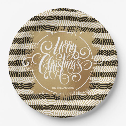 Gold Merry Christms Schwarz-weiß Stripes Pappteller (Vorderseite)