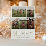 Gold MERRY Modern Foto Collage Holiday Card Feiertagskarte<br><div class="desc">Moderne und elegante goldene "MERRY",  Holiday Foto Collage Card. Die Karte verfügt über 5 Fotos auf der Vorderseite mit mehreren Zeilen für Ihre benutzerdefinierte Nachricht,  Namen und Jahr auf der Rückseite der Karte. Hintergrundfarben,  in weißem und gedämpftem Waldgrün dargestellt,  können individuell angepasst werden.</div>