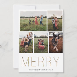 Gold MERRY Modern Foto Collage Holiday Card Feiertagskarte