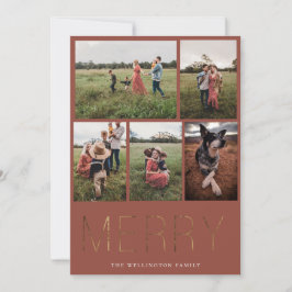 Gold MERRY Modern Foto Collage Holiday Card Rot Feiertagskarte
