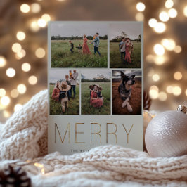 Gold MERRY Modern Foto Collage Holiday Card Sage Feiertagskarte