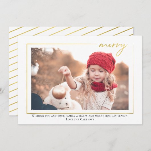Gold Merry Script Foto Weihnachtskarte Einladung (Vorne/Hinten)