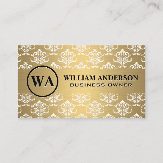 Gold Metallic | Damask Muster | Monogramm Discount Rabattkarte (Vorderseite)