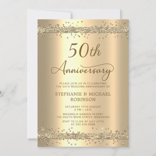 Gold Metallic Glitter 50th Wedding Anniversary Einladung (Vorderseite)