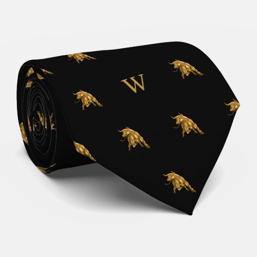 Gold Metallic Ox Bull Mit Monogramm Initials Black Krawatte (Gerollt)