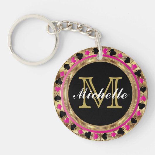 Gold-Metallic-Pink-Poker-Design | Monogramm Schlüsselanhänger (Vorderseite)