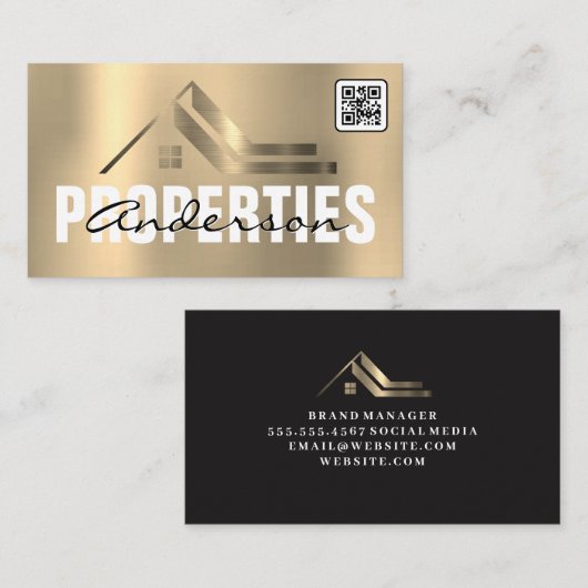 Gold Metallic Real Anwesen Logo | QR-Code Visitenkarte (Vorne/Hinten)