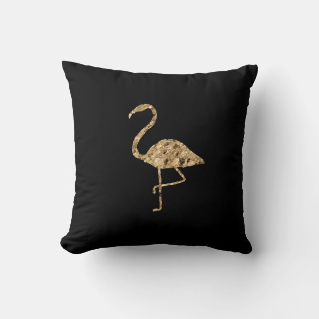 Gold Metallischer Flamingo auf Schwarz Kissen (Vorderseite)