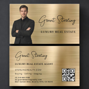 Gold Metallisches Immobilien-QR-Code-Foto Visitenkarte