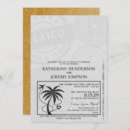 Gold Mexico Passport Hochzeit Einladung (Vorne/Hinten)