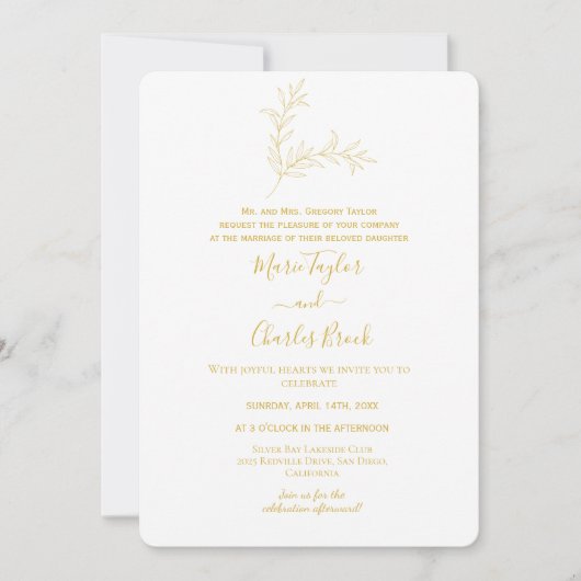 Gold Minimal Leaf Hochzeitseinladung Einladung (Vorderseite)