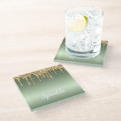 Gold Mint Grün Glitter Tropfen Glasuntersetzer (Schrägansicht)