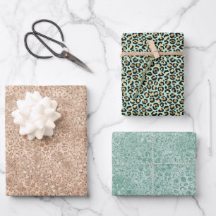 Gold Minze Green Glam Leopard Print Geschenkpapier Set