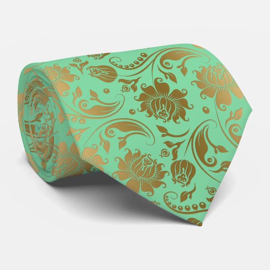 Gold & Minze-grüne Damasken Nahtloses Muster Krawatte (Gerollt)