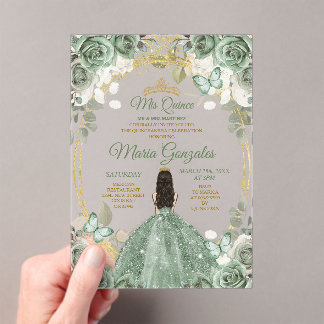Gold Mis Quince Dusty Green Floral Quinceañera Acryleinladungen
