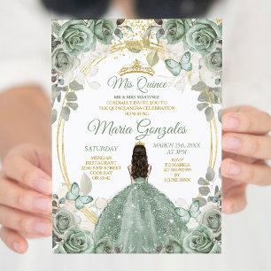 Gold Mis Quince Dusty Green Floral Quinceañera Einladung
