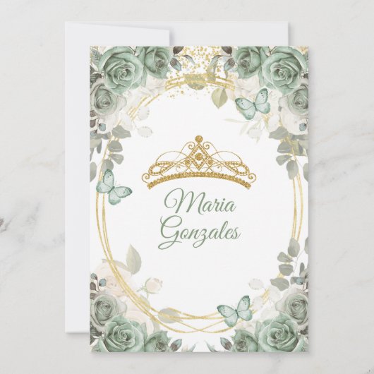 Gold Mis Quince Dusty Green Floral Quinceañera Einladung (Rückseite)