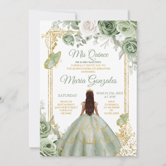 Gold Mis Quince Sage Green Floral Quinceañera Einladung (Vorderseite)