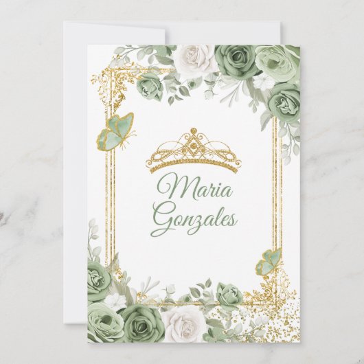 Gold Mis Quince Sage Green Floral Quinceañera Einladung (Rückseite)