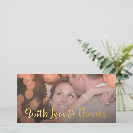 Gold mit Liebe & Dankeschön-Overlay-Foto-Karte für Dankeskarte (Stehend Vorderseite)