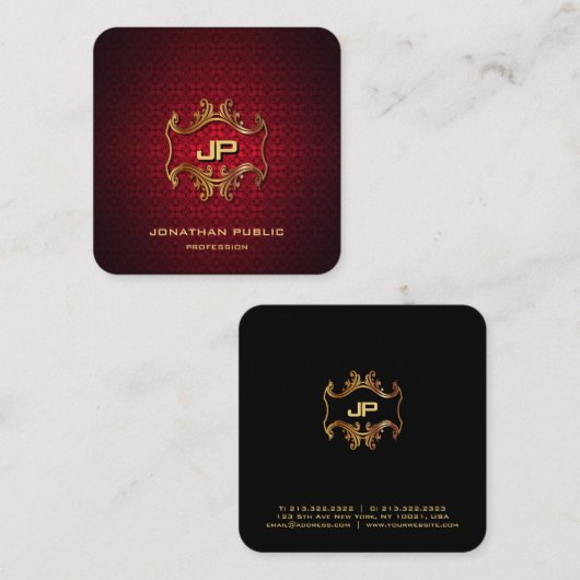 Gold Mit Monogramm Elegante Red Damask Beruflich Quadratische Visitenkarte (Vorne/Hinten)