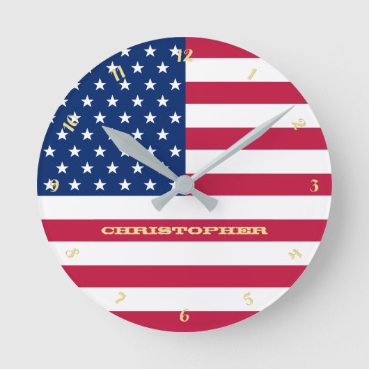 Gold Mit Monogramm Patriotic America Flag Custom Runde Wanduhr (Vorderseite)