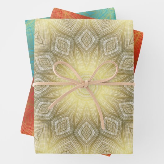 Gold mit weißem Blau oder rotem Kaleidoskop Geschenkpapier Set (Beispiel)