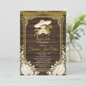 Gold mit weißen Rosen Fiesta Boy Taufe Einladung (Stehend Vorderseite)