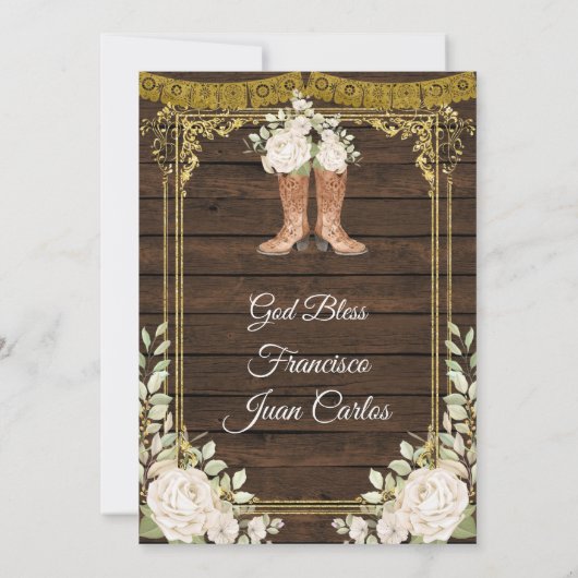 Gold mit weißen Rosen Fiesta Boy Taufe Einladung (Rückseite)