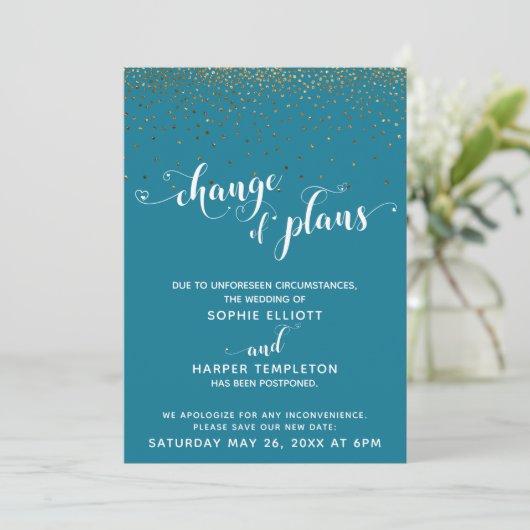 Gold & Moasic Blue "Change of Plans" Card Einladung (Stehend Vorderseite)