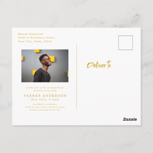 Gold Modern Brush Script Foto Abschluss Postkarte (Rückseite)