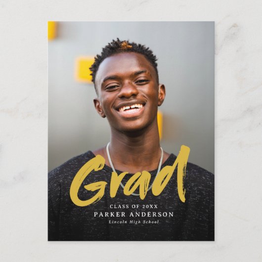 Gold Modern Brush Script Foto Abschluss Postkarte (Vorderseite)