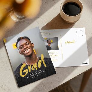Gold Modern Brush Script Foto Abschluss Postkarte