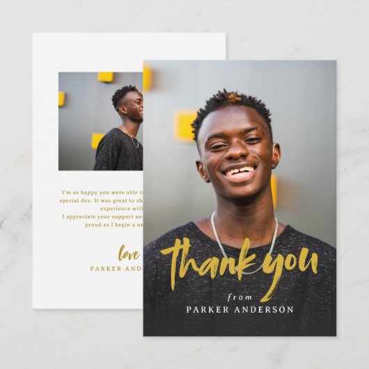Gold Modern Brush Script Simple Photo Graduation  Dankeskarte (Vorne/Hinten)