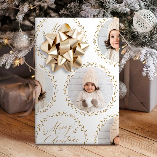 Gold Modern Script Merry Christmas Family 6 photo Geschenkpapier