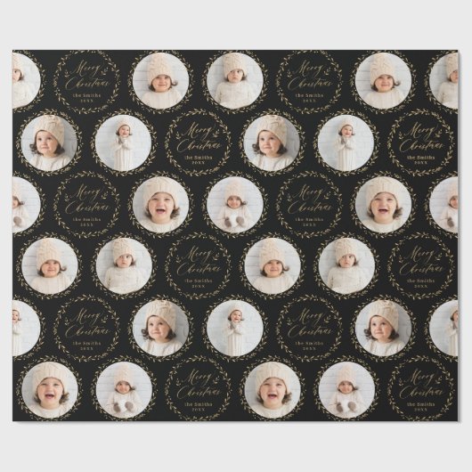 Gold Modern Script Merry Christmas Family 6 photo Geschenkpapier (Flach)