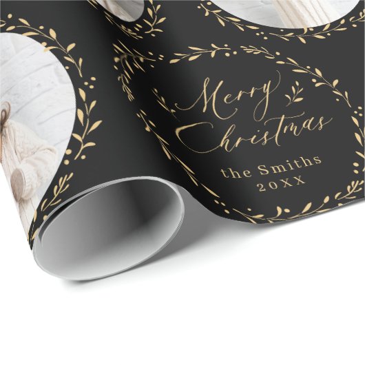 Gold Modern Script Merry Christmas Family 6 photo Geschenkpapier (Rolleneckpunkt)