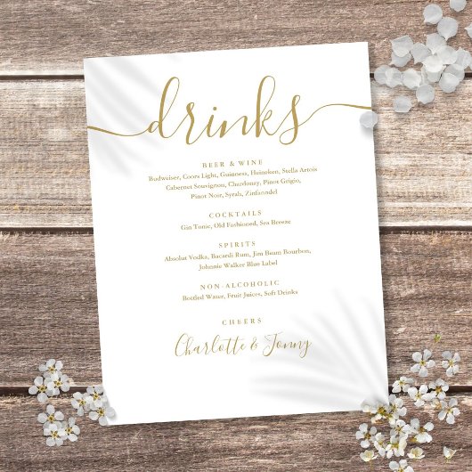 Gold Modern Script Wedding Drinks Menü