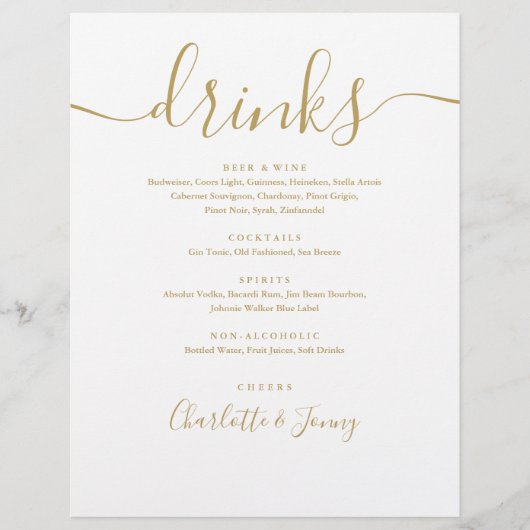 Gold Modern Script Wedding Drinks Menü (Vorne)