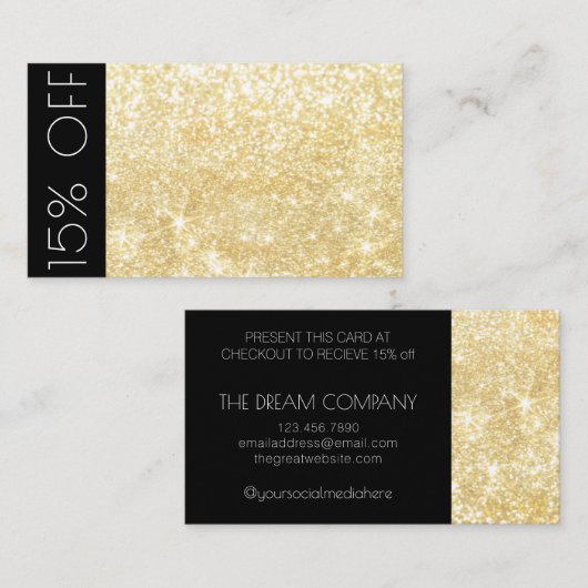 Gold Modern Shimmer und Sparkle Discount 15% Card Visitenkarte (Vorne/Hinten)