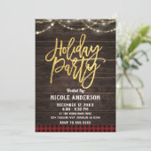 Gold Moderne Drehbuch Feier Rustikales Holz Karier Einladung (Stehend Vorderseite)