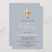 Gold Moderne einfache, trübe Blaue Cross Taufe Einladung (Vorne/Hinten)